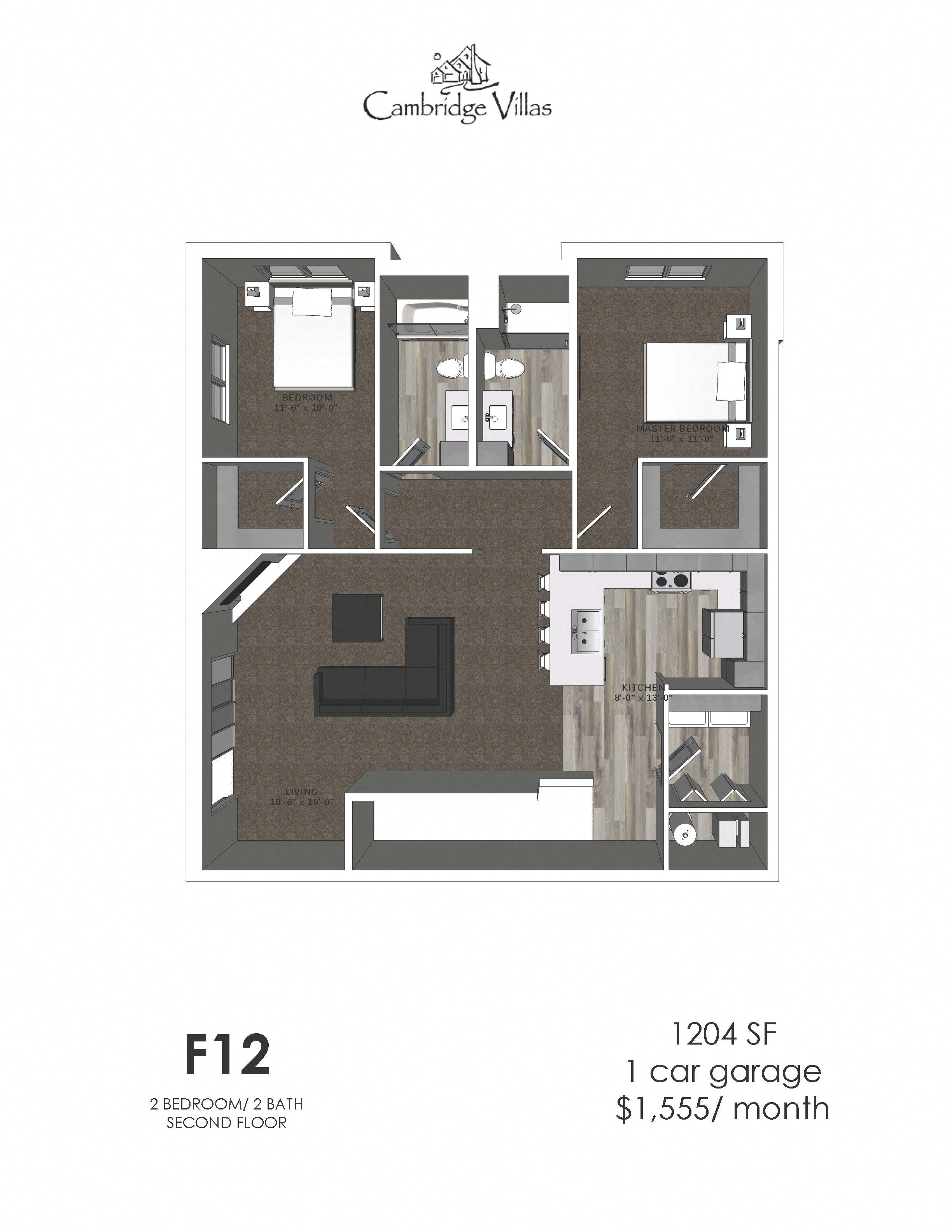 Floor plan for 2 beds, 2 baths, 1204 sqft